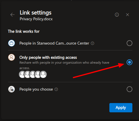 Selecting the sharing permission